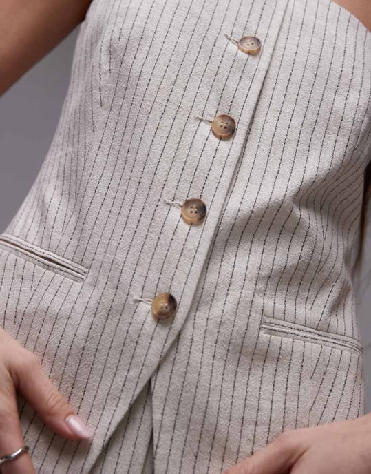 Topshop koord linne randig enaxlad topp i krämfärg - Image 3
