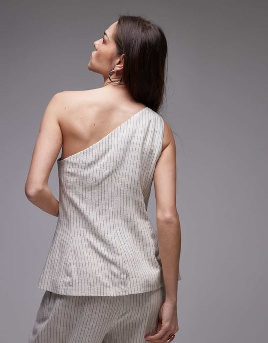 Topshop koord linne randig enaxlad topp i krämfärg - Image 4