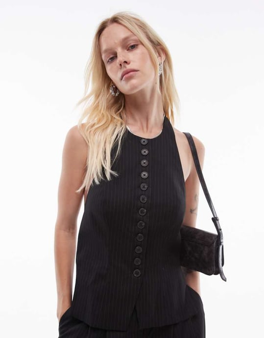 Topshop pintsripe waistcoat in black - Image 1