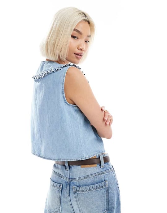 ASOS DESIGN jeansväst med knyt fram och volangkrage - Image 2