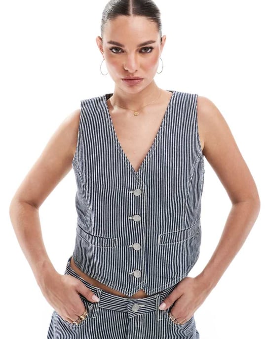 Fransk Anslutning Everett denim väst co-ord i indigo rand - Image 1