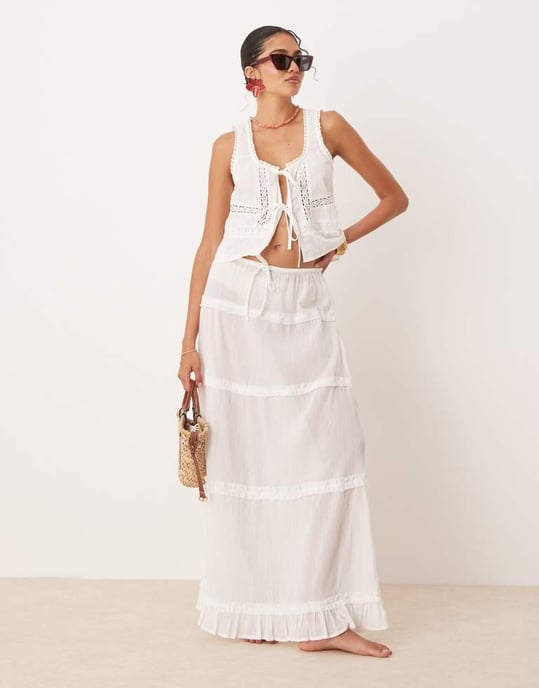 ASOS DESIGN texturerad spetsinsats knytframs strandtop i vitt - Image 2