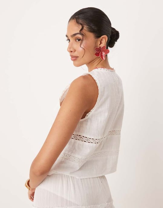 ASOS DESIGN texturerad spetsinsats knytframs strandtop i vitt - Image 3