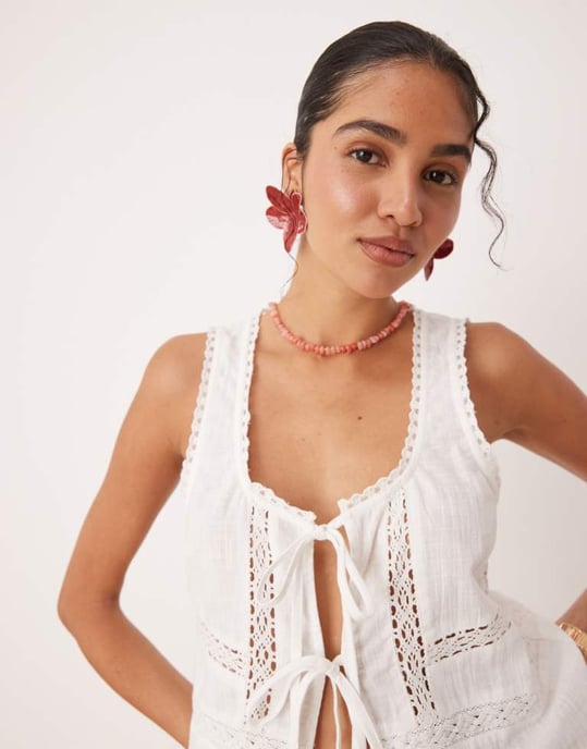 ASOS DESIGN texturerad spetsinsats knytframs strandtop i vitt - Image 4