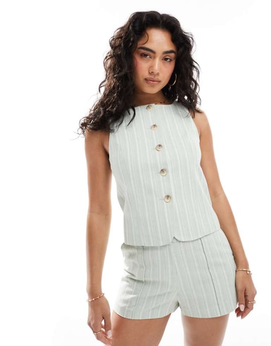 Miss Selfridge matchande skräddarsydd knapplång vest i grön rand - Image 1