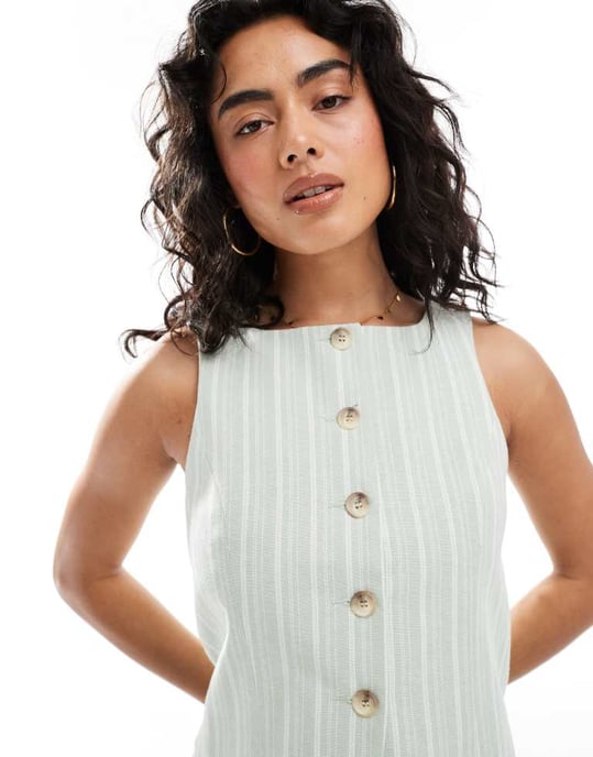 Miss Selfridge matchande skräddarsydd knapplång vest i grön rand - Image 2