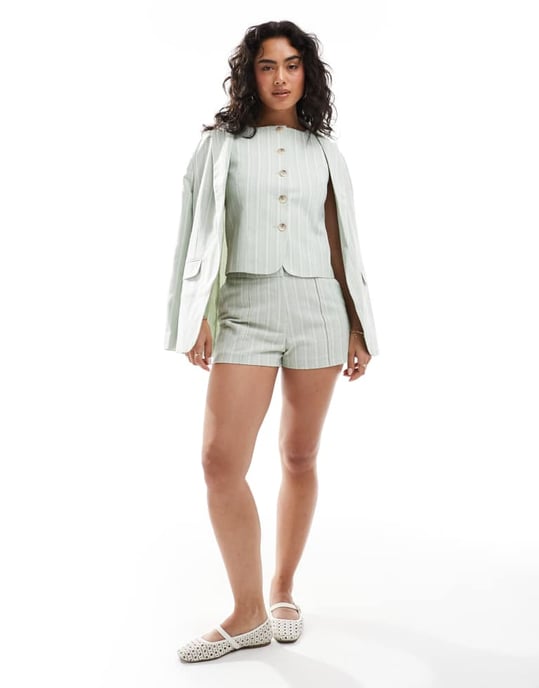 Miss Selfridge matchande skräddarsydd knapplång vest i grön rand - Image 3