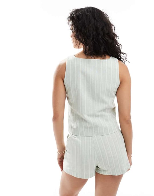 Miss Selfridge matchande skräddarsydd knapplång vest i grön rand - Image 4