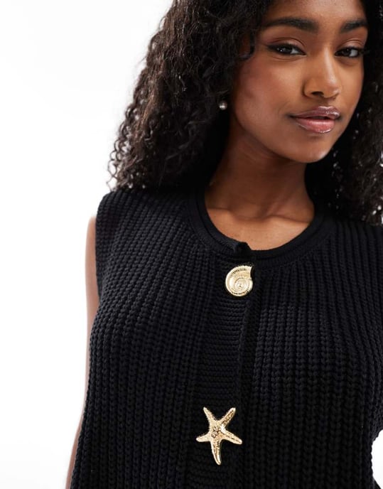 ASOS DESIGN stickad boxig väst med flera snäcka knappar i svart - Image 2