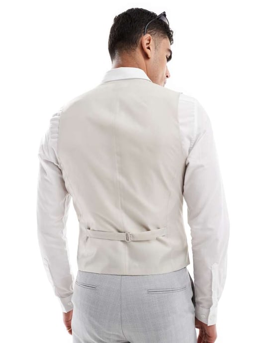 ASOS DESIGN linneblandning smal kostymväst i gråtonat rutmönster - Image 2