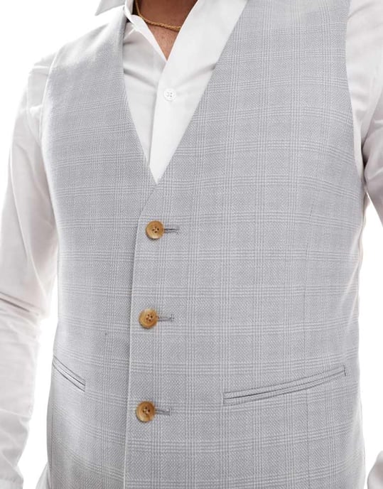 ASOS DESIGN linneblandning smal kostymväst i gråtonat rutmönster - Image 3
