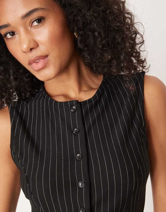 ASOS DESIGN långärmad väst med ränder och knapprad, insvängd midja i grått - Image 3