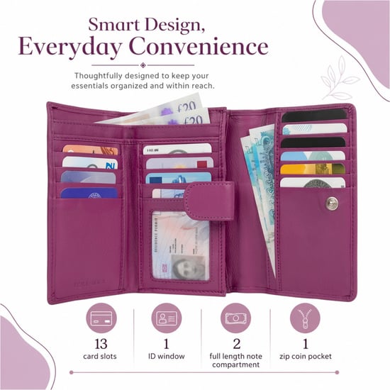 Women’s Genuine Leather RFID Purse Wallet in Fuchsia - Image 4