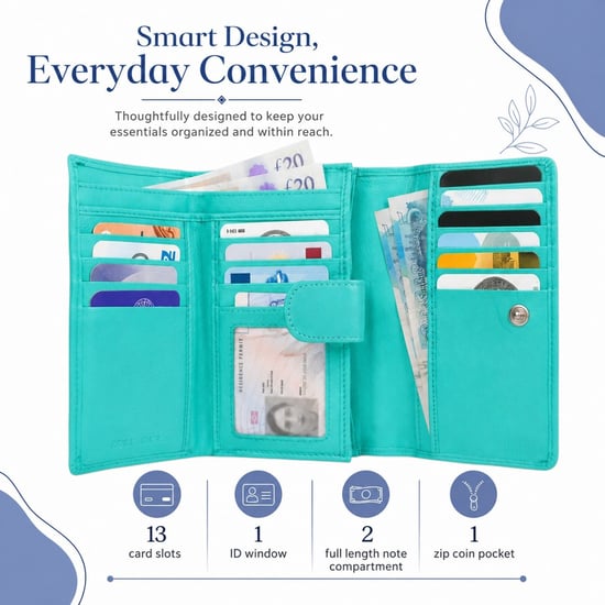 Women’s Genuine Leather RFID Purse Wallet in Turquoise - Image 4