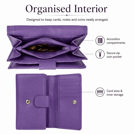 Women’s Genuine Leather RFID Purse Wallet in Purple - Image 5