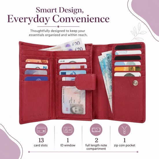 Women’s Genuine Leather RFID Purse Wallet in Red - Image 4