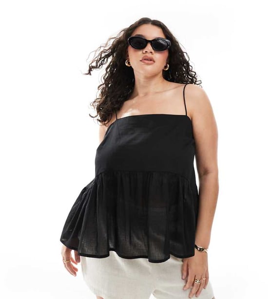 ASOS DESIGN Curve top med volangpeplum och knytband i svart - Image 1