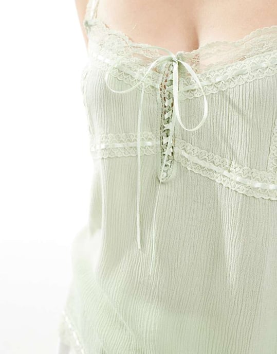 Miss Selfridge spetsdetaljerad cheesecloth topp Sage - Image 3