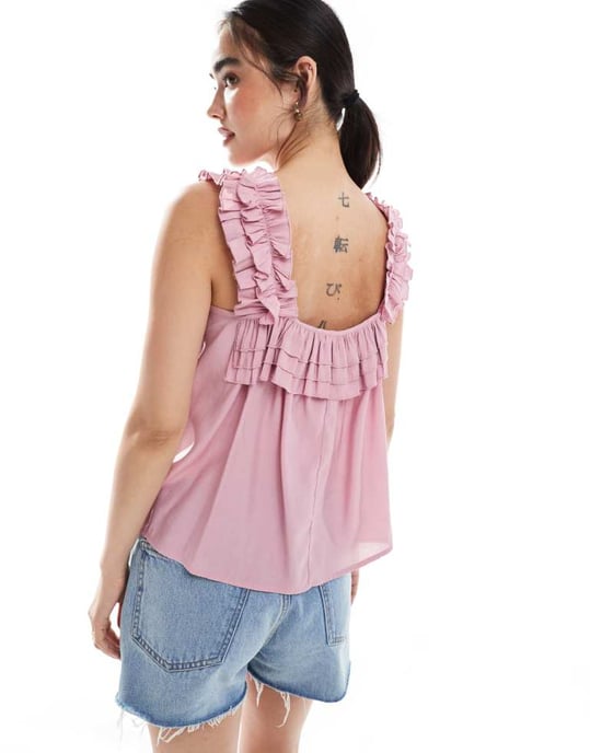 Vero Moda plisserad volangkantad topp i rosa - Image 2