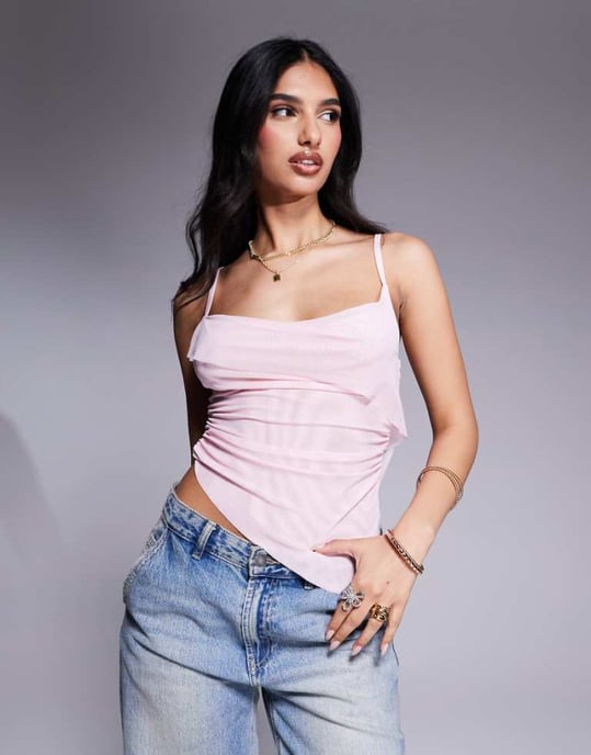 ASOS DESIGN flytande genomskinlig mesh topp med cowl-framsidan i pastellrosa - Image 1