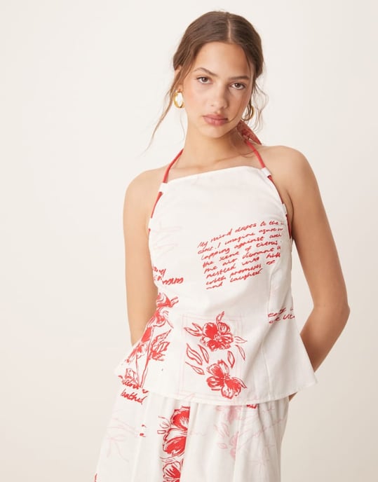 ASOS DESIGN koord halterneck top med snörningar i röd blommig mönster - Image 1