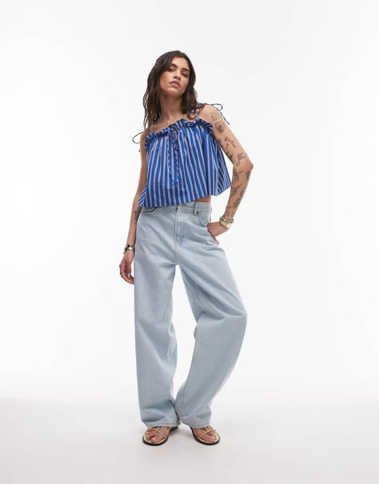 Topshop rynkad linne i blå rand - Image 2