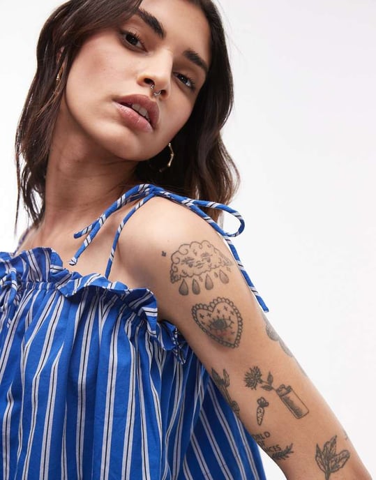 Topshop rynkad linne i blå rand - Image 4