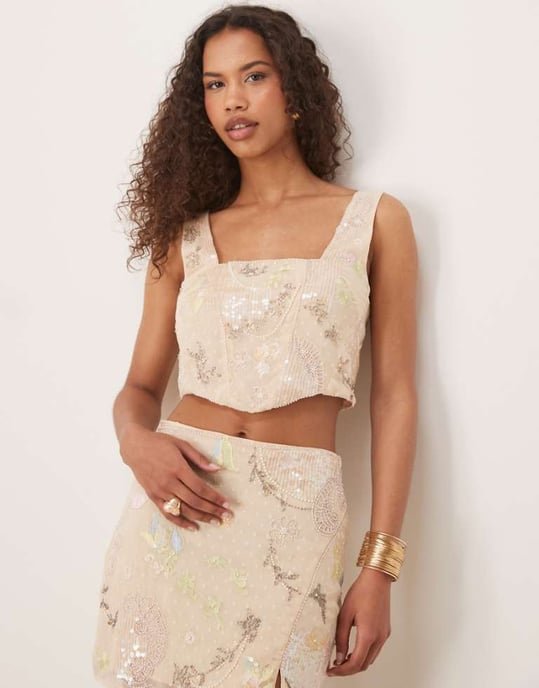 ASOS DESIGN broderad och paljett co ord topp i rosa - Image 1
