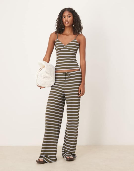ASOS DESIGN randig spetstopp koord i olivgrön - Image 4