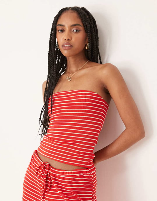 ASOS DESIGN långlinje bandeau-set i röd rand - Image 2