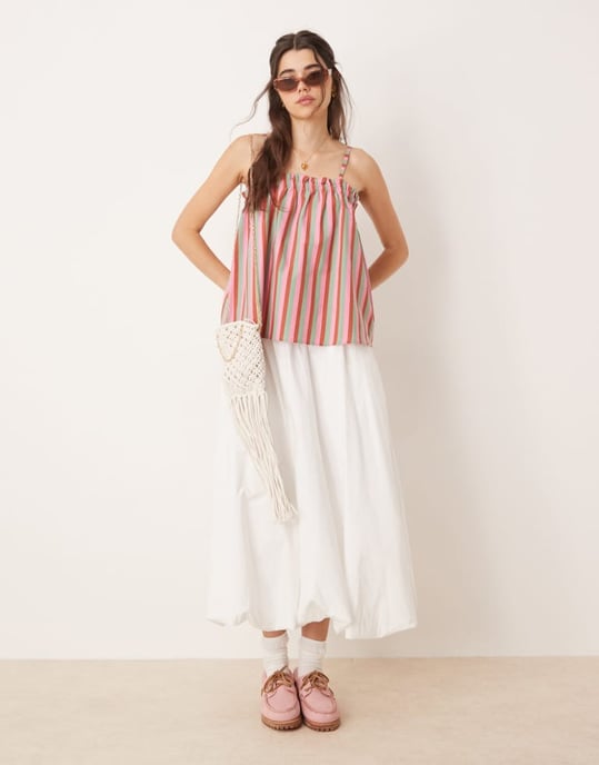 ASOS DESIGN linneblandning trapeze cami topp i rosa randig - Image 3