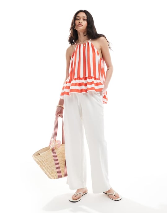 ASOS DESIGN halterneck topp med peplum i randig mönster - Image 1