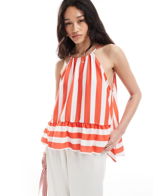 ASOS DESIGN halterneck topp med peplum i randig mönster - Image 2