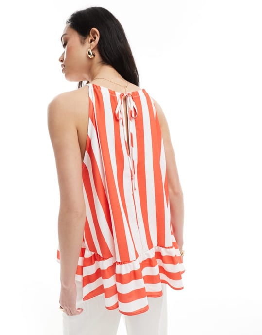 ASOS DESIGN halterneck topp med peplum i randig mönster - Image 4