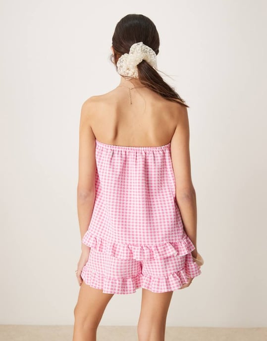 ASOS DESIGN bandeau-set med vågig nederkant i rosa rutigt - Image 3