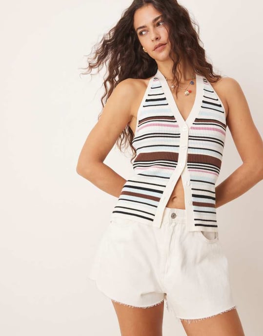 Abercrombie & Fitch ribbad halterneck topp i flerfärgad rand - Image 2