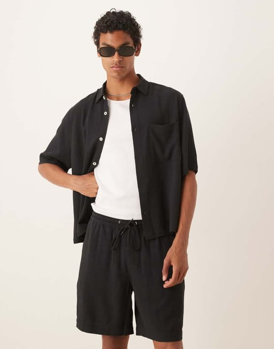 ASOS DESIGN koord baggy passform linneblandning kortbyxor i svart - Image 3