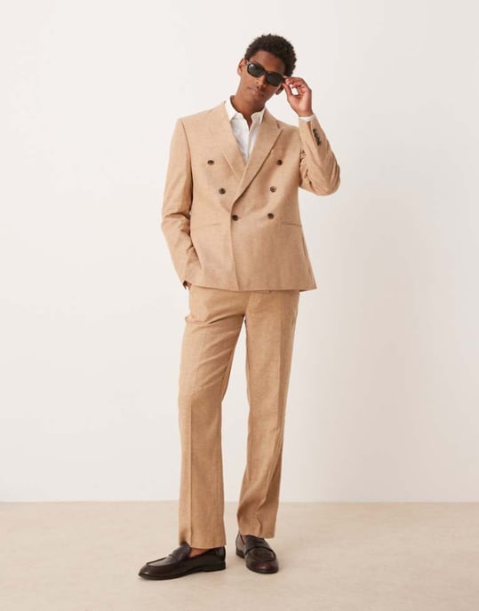 ASOS DESIGN linneblandning raka ben kostymbyxor i kamel - Image 1