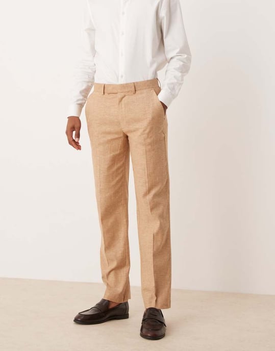 ASOS DESIGN linneblandning raka ben kostymbyxor i kamel - Image 2