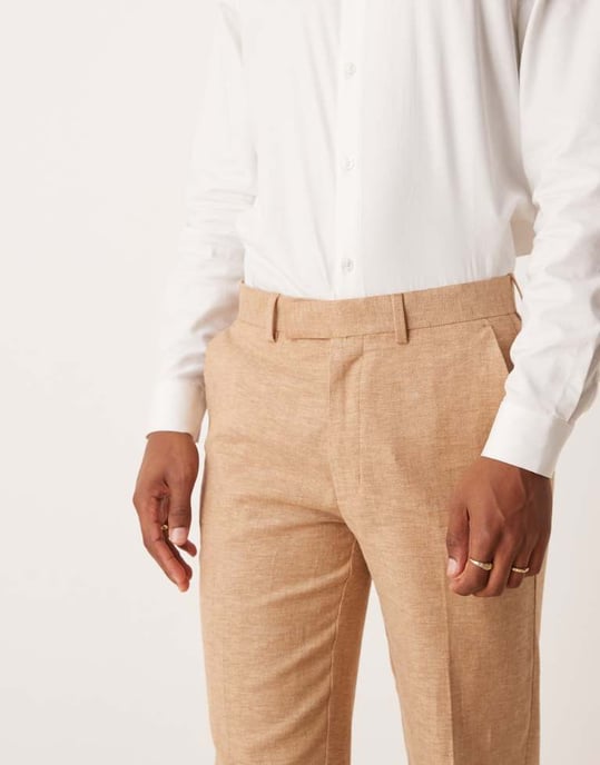 ASOS DESIGN linneblandning raka ben kostymbyxor i kamel - Image 3