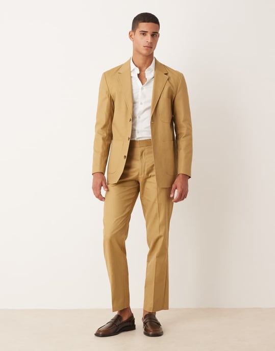 ASOS DESIGN bomulls- och linneblandning raka byxor i kamelfärgad twill - Image 3