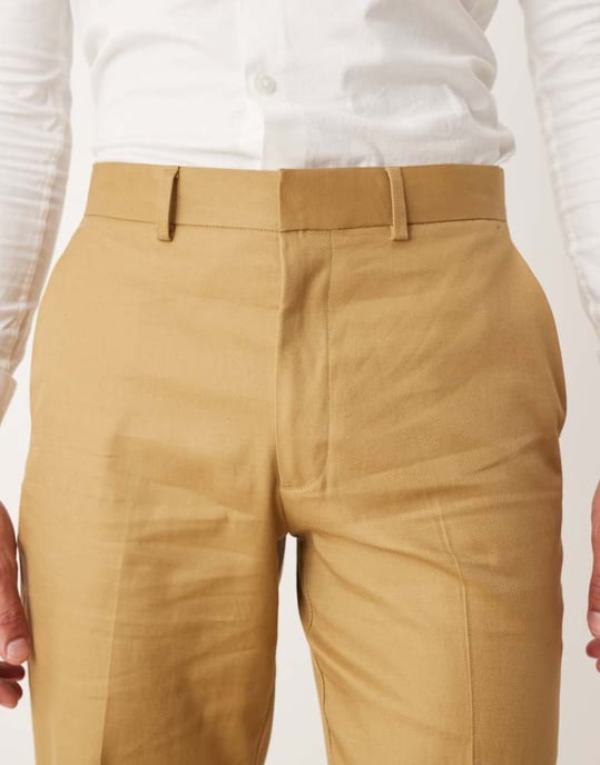 ASOS DESIGN bomulls- och linneblandning raka byxor i kamelfärgad twill - Image 4