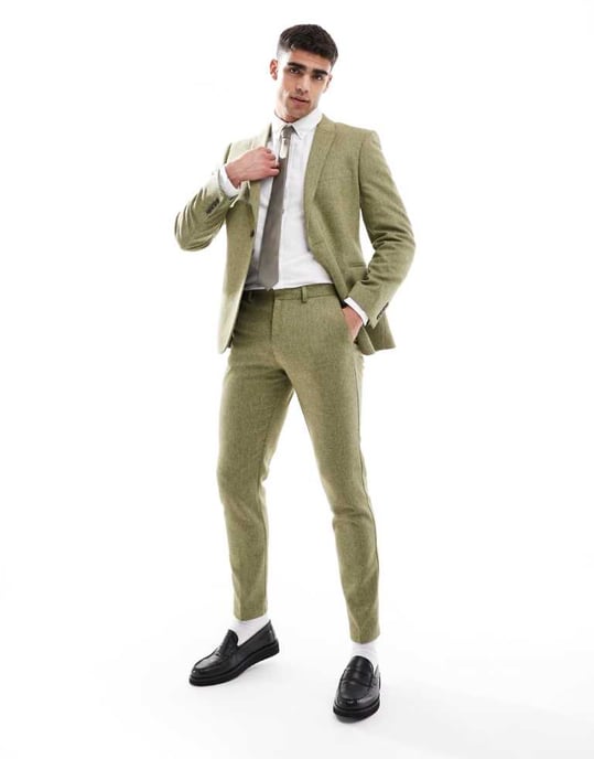 ASOS DESIGN smalullmix kostymbyxa i olivgrön korgvävtexture - Image 1