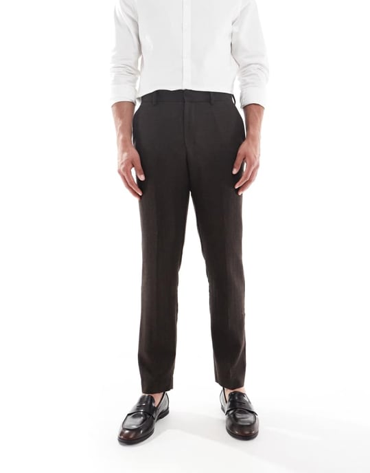 ASOS DESIGN ullrik smal kostymbyxor i brun herringbone - Image 4