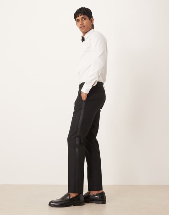 ASOS DESIGN linneblandning slim tuxedosbyxor i svart - Image 3