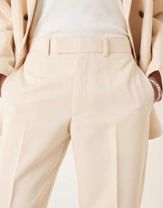 ASOS DESIGN raka kostymbyxor i ecrufärgad bomull - Image 3