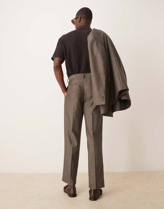 ASOS DESIGN ull-liknande raka byxor med kostym i brunt fiskbensmönster - Image 3