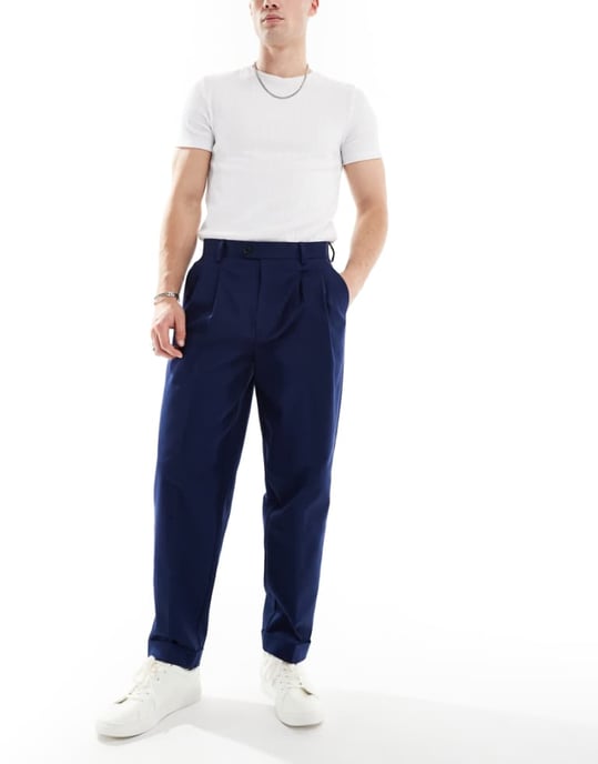 ASOS DESIGN smart premium cotton oversized tapered chino trousers in navy - Image 1