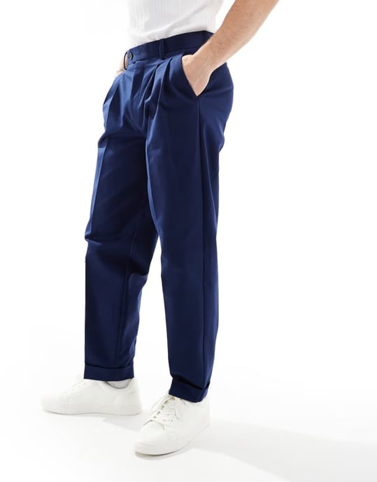 ASOS DESIGN smart premium cotton oversized tapered chino trousers in navy - Image 4