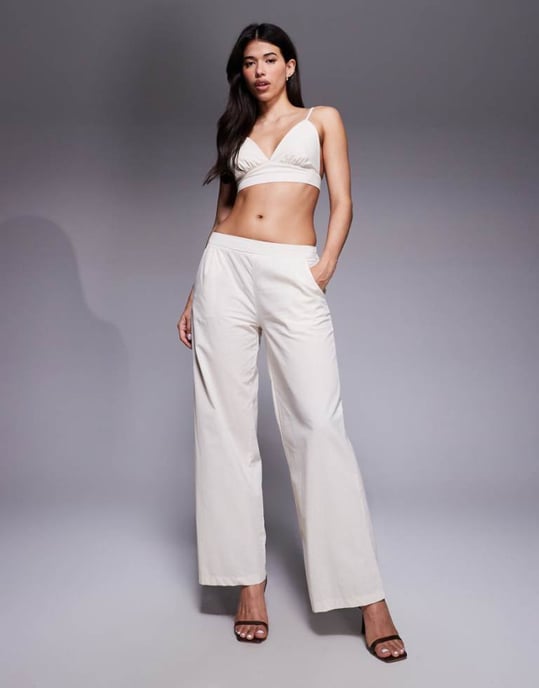 Missyempire linne-look elastisk midja vida byxor co-ord i krämfärg - Image 1